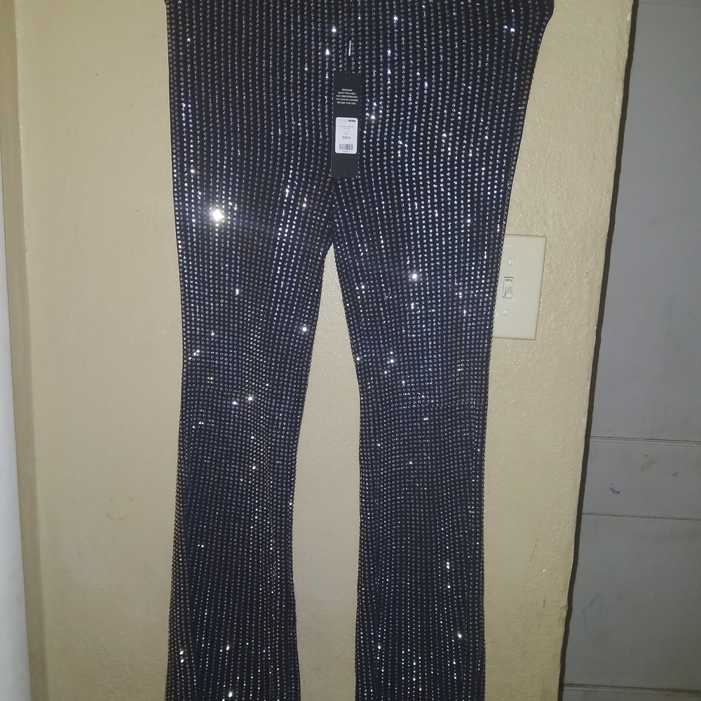 Fashion Nova Black Wide Leg Rhinestone Pants